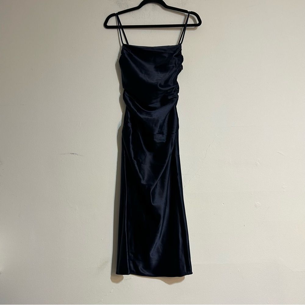 BHLDN Anthropologie Emery Square Neck Stretch Satin Midi Dress Navy Size XS